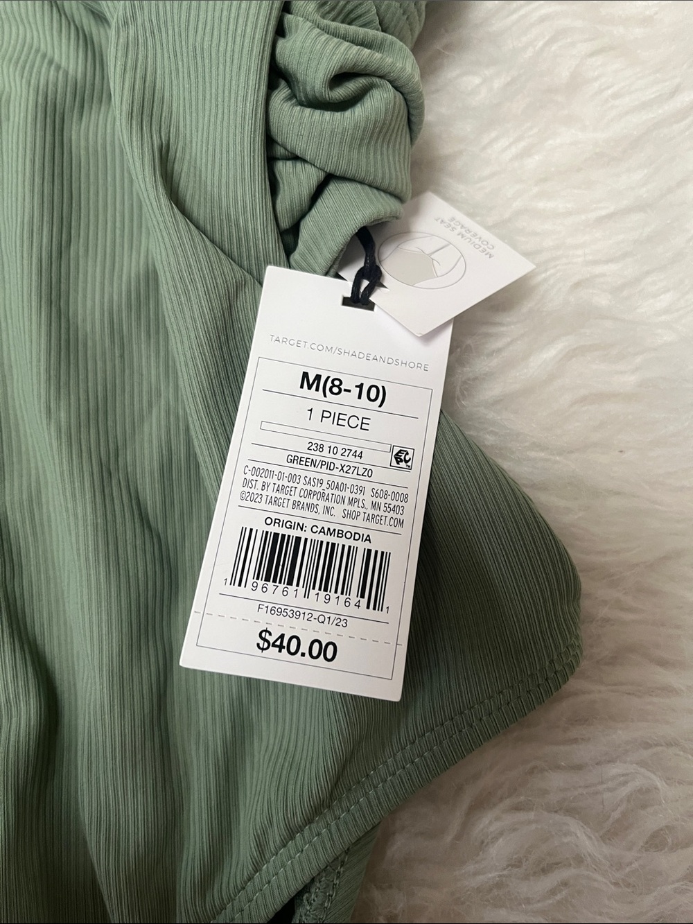 Shade & Shore Sage Green Ribbed V-Neck One-Piece Swimsuit M 8-10 MSRP $40 - Picture 2 of 4